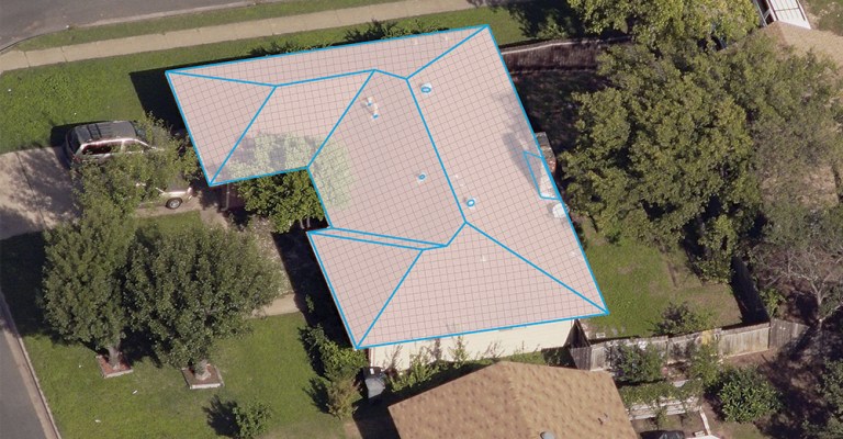 An example of roof length measurements and annotations of penetrations on a residential roof.