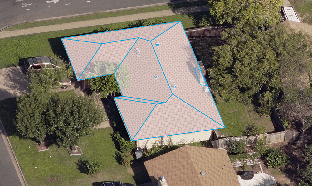 An example of roof length measurements and annotations of penetrations on a residential roof.