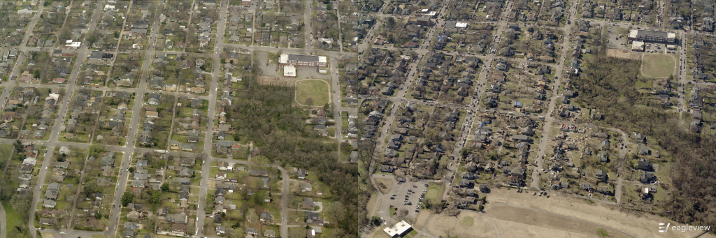 A before-and-after comparison of the damage inflicted by the Nashville tornado.