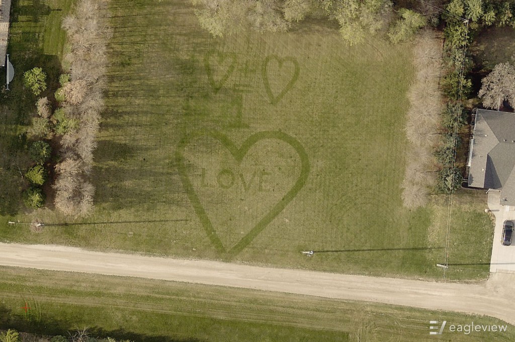 Someone has mowed shapes into their lawn. It shows two hearts added like an addition problem, and below the equals sign is a large heart that reads "1 Love."