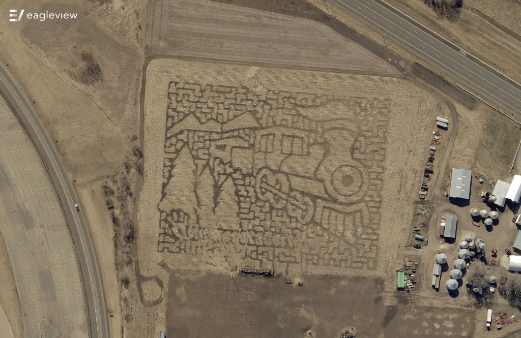 This corn field has an intricate maze in the shape of a train.