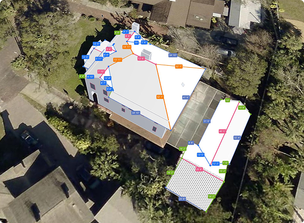 Aerial roof measurement diagram of a house with an attached sunroom, showing color-coded lines and labeled lengths for each roof edge, hip, ridge, and valley.