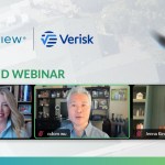 Promotional banner for an on-demand webinar hosted by EagleView and Verisk. The banner features the logos of both companies at the top, a blurred drone flying over rooftops in the background, and the title "ON-DEMAND WEBINAR" in green text. Below, there are three video call frames showing webinar speakers: Courtney Cooke, Odom Wu, and Jenna Kinsman, each labeled with their names.