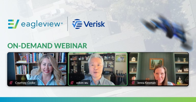 Promotional banner for an on-demand webinar hosted by EagleView and Verisk. The banner features the logos of both companies at the top, a blurred drone flying over rooftops in the background, and the title "ON-DEMAND WEBINAR" in green text. Below, there are three video call frames showing webinar speakers: Courtney Cooke, Odom Wu, and Jenna Kinsman, each labeled with their names.