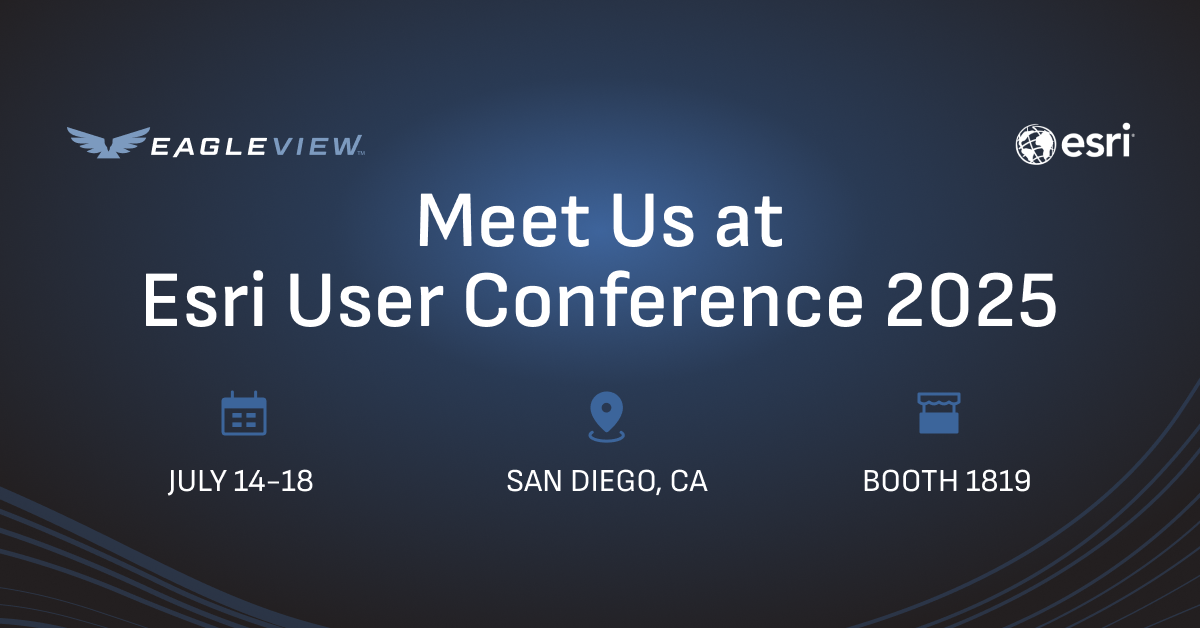 Graphic announcement for Eagleview at Esri User Conference 2025. The image displays the Eagleview and Esri logos with the headline "Meet Us at Esri User Conference 2025." Below are icons and text showing the event date (July 14–18), location (San Diego, CA), and booth number (Booth 1819). The background features a dark blue gradient with subtle wave designs.