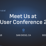 Graphic announcement for Eagleview at Esri User Conference 2025. The image displays the Eagleview and Esri logos with the headline "Meet Us at Esri User Conference 2025." Below are icons and text showing the event date (July 14–18), location (San Diego, CA), and booth number (Booth 1819). The background features a dark blue gradient with subtle wave designs.