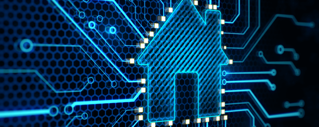 Digital illustration of a glowing blue house icon integrated into a circuit board pattern.