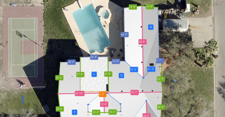 Aerial view of a residential property with overlaid roof measurements and section labels in various colors. A swimming pool, tennis court, driveway, and surrounding trees are visible.