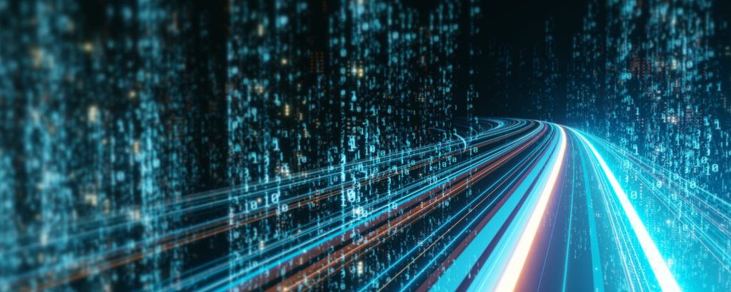 Futuristic digital highway with glowing light trails curving through a matrix of floating binary code.