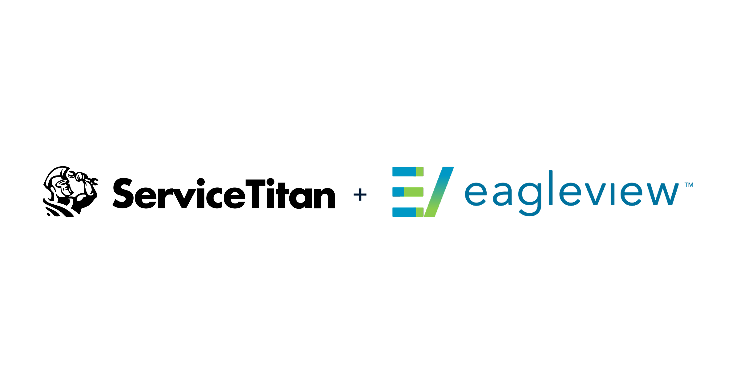 Logos of ServiceTitan and EagleView side by side on a white background. The ServiceTitan logo features a stylized titan head in black followed by the company name in bold black text. A plus sign connects it to the EagleView logo, which includes a stylized "EV" in blue and green, followed by the word "eagleview" in lowercase blue letters.