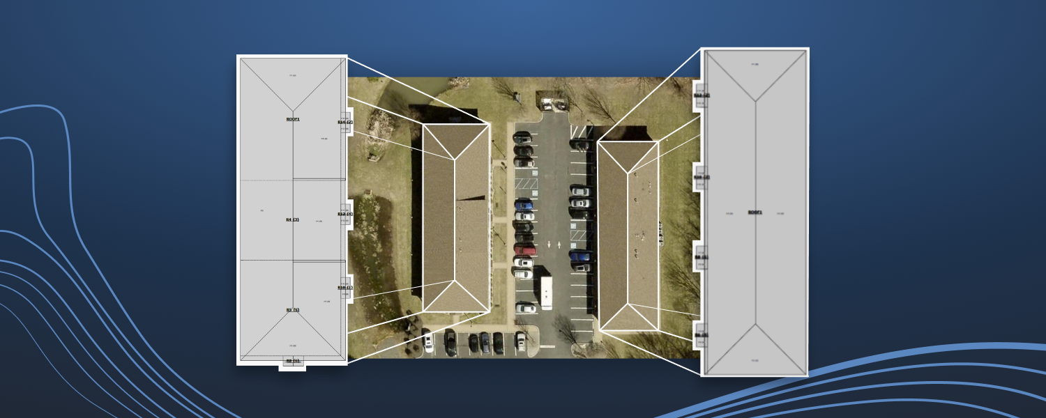 Overhead of two structures and corresponding 3D roof sketches for each.