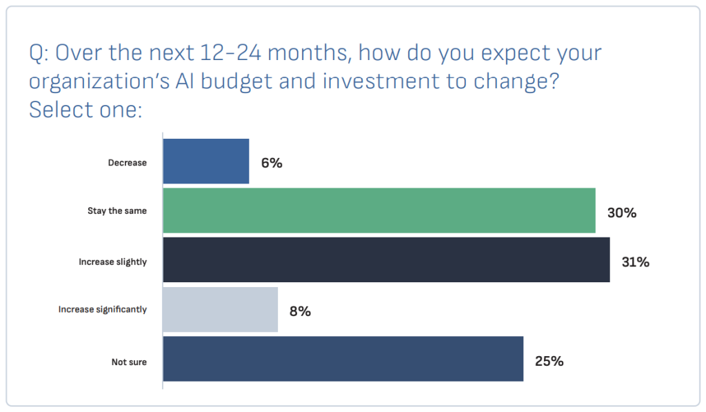 Bar chart showing expected changes in organizations’ AI budget and investment over the next 12–24 months. 6% expect a decrease, 30% expect it to stay the same, 31% expect a slight increase, 8% expect a significant increase, and 25% are not sure.
