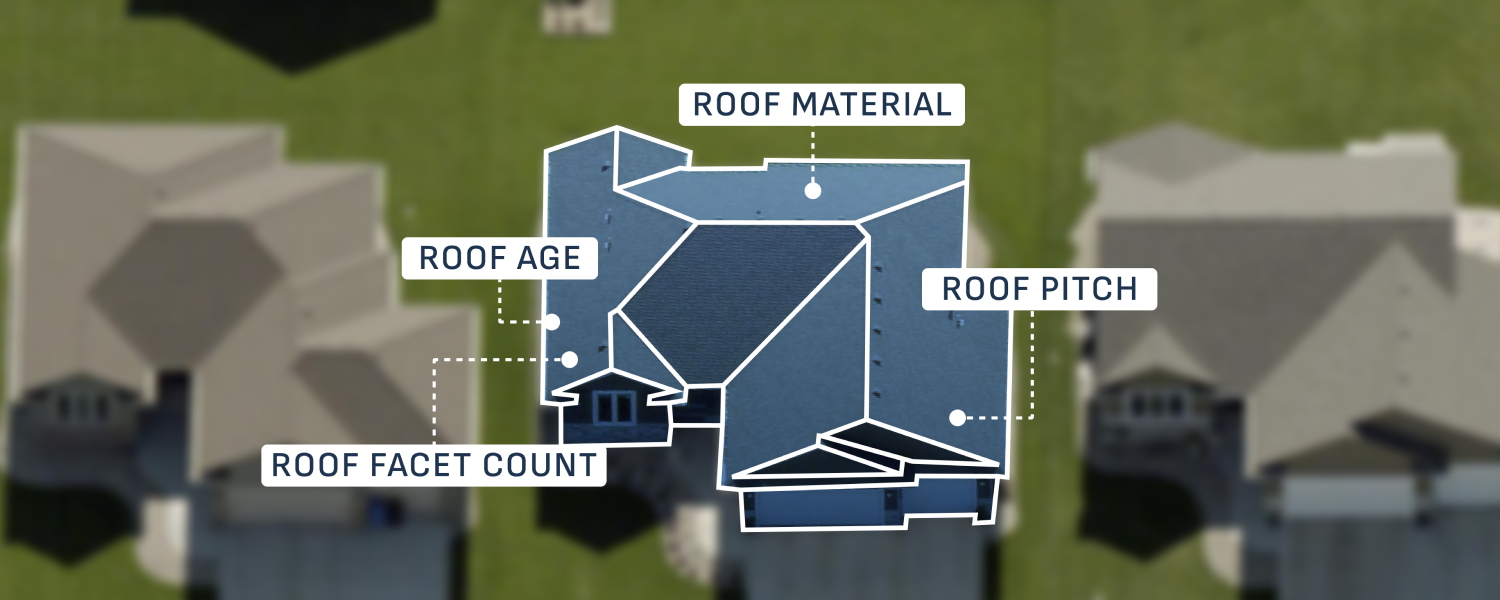 Aerial view of outlined home with property attributes like Roof Material, Roof Age, Roof Facet Count, and Roof Pitch highlighted over the building.