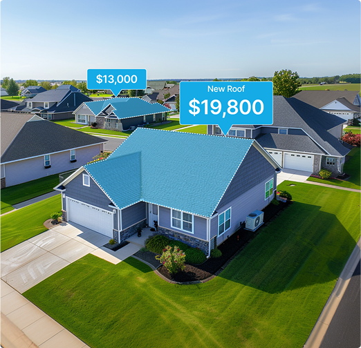 “Aerial view of suburban houses showing roof replacement costs; front house labeled ‘New Roof $19,800,’ nearby house labeled ‘$13,000.’