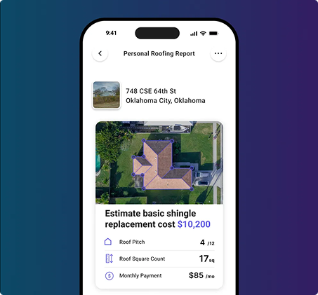 Mobile app screen showing a roofing report for a property in Oklahoma City with aerial roof image, estimated replacement cost, roof pitch, area, and monthly payment details.