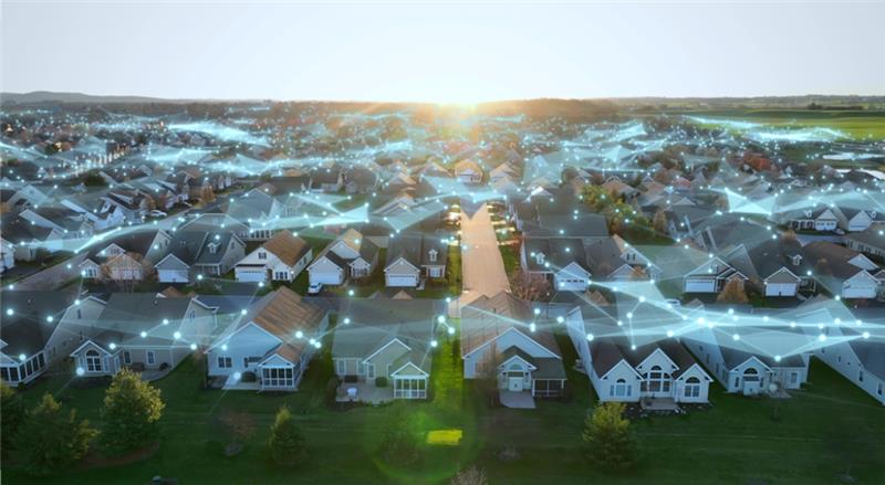 data lines over a neighborhood of houses