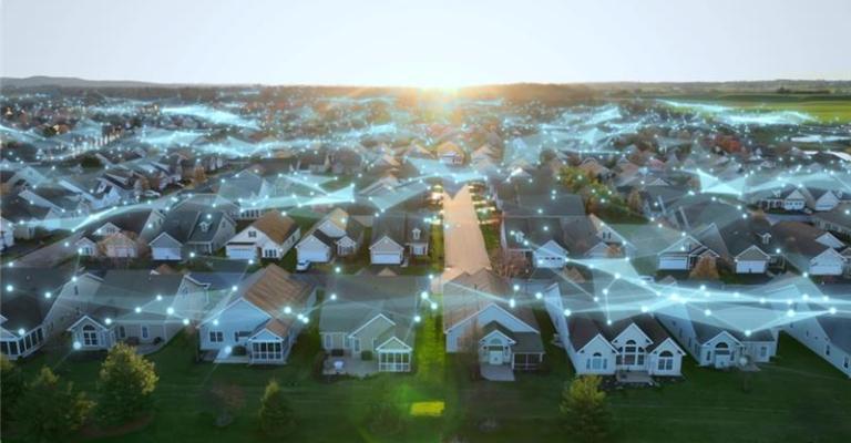 data lines over a neighborhood of houses