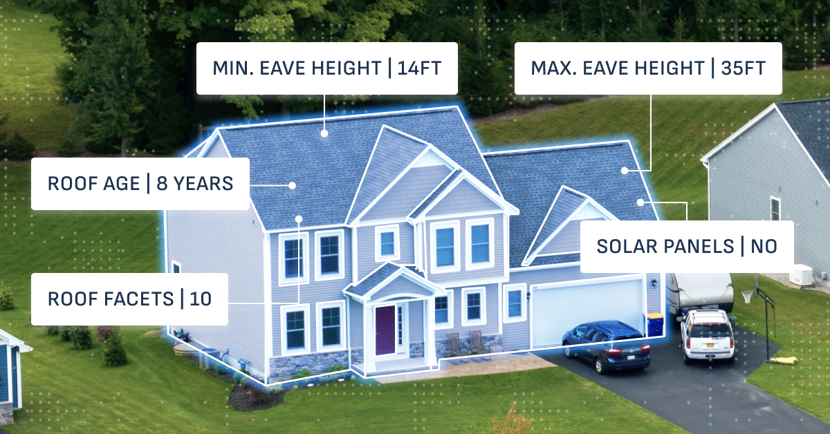 Image of single family home with connecting data points contextualizing house and roof measurements.