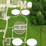 Orthogonal aerial image of a water treatment plant.