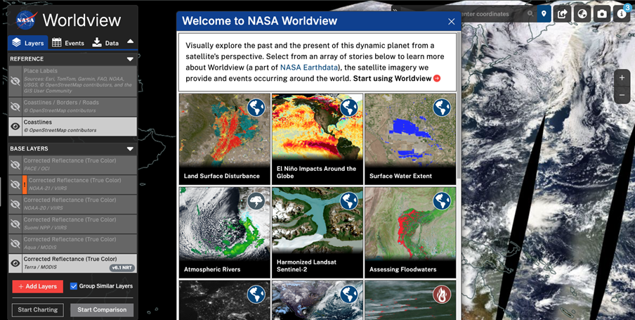 Fullscreen view of NASA Worldview Platform Dashboard