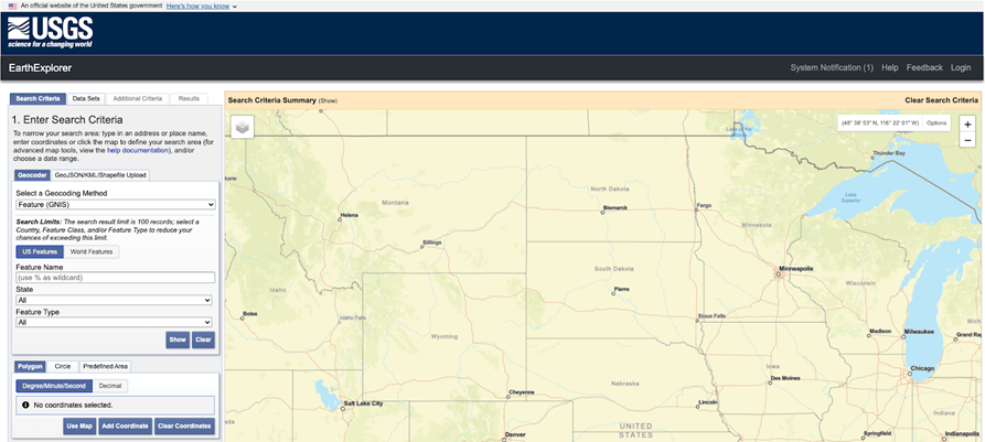 Fullscreen view of U.S Geological Survey (USGS) EarthExplorer platform