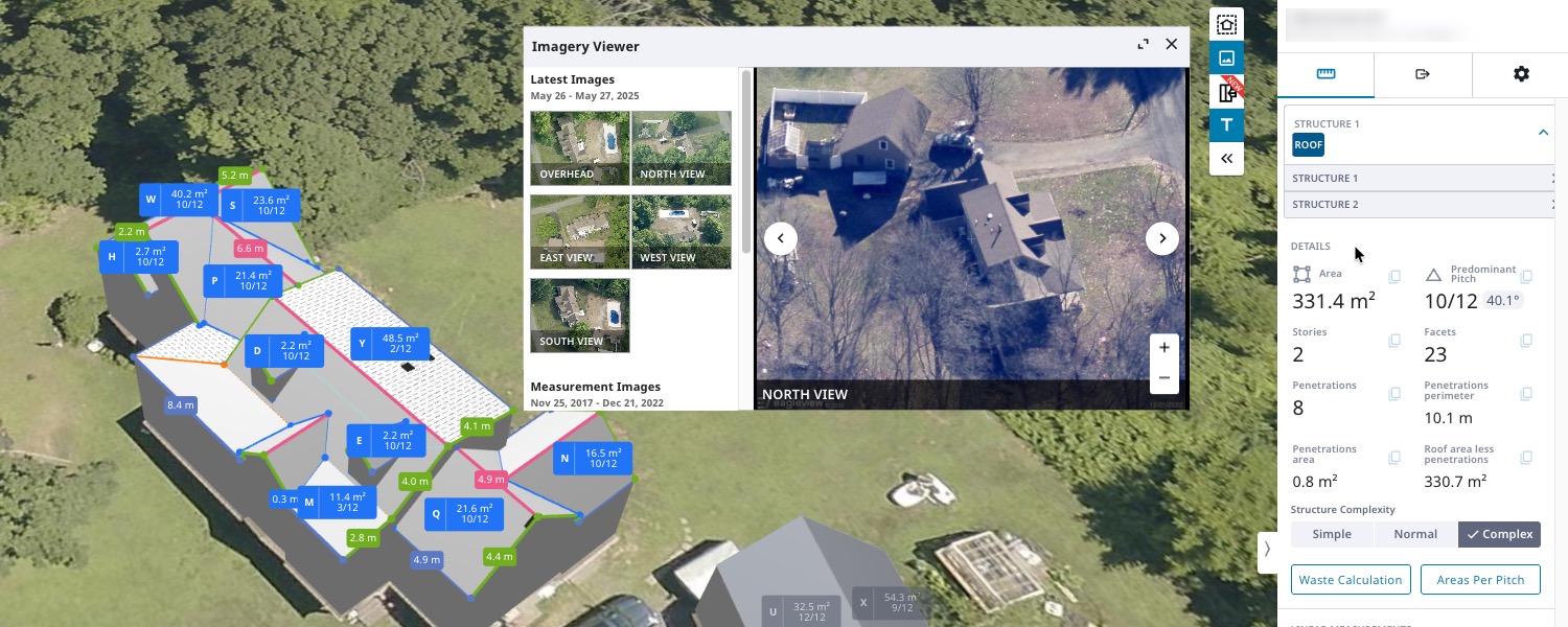 Aerial view of a residential property with detailed roof measurements, pitch labels, and an imagery viewer showing multiple angles.