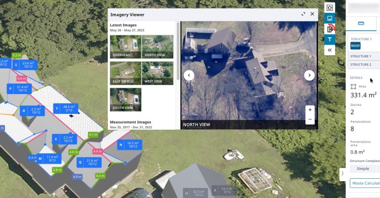 Aerial view of a residential property with detailed roof measurements, pitch labels, and an imagery viewer showing multiple angles.