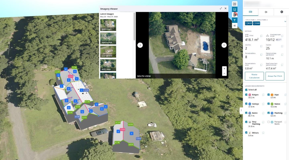 Aerial view of a residential property with roof measurement overlays and labeled roof sections.