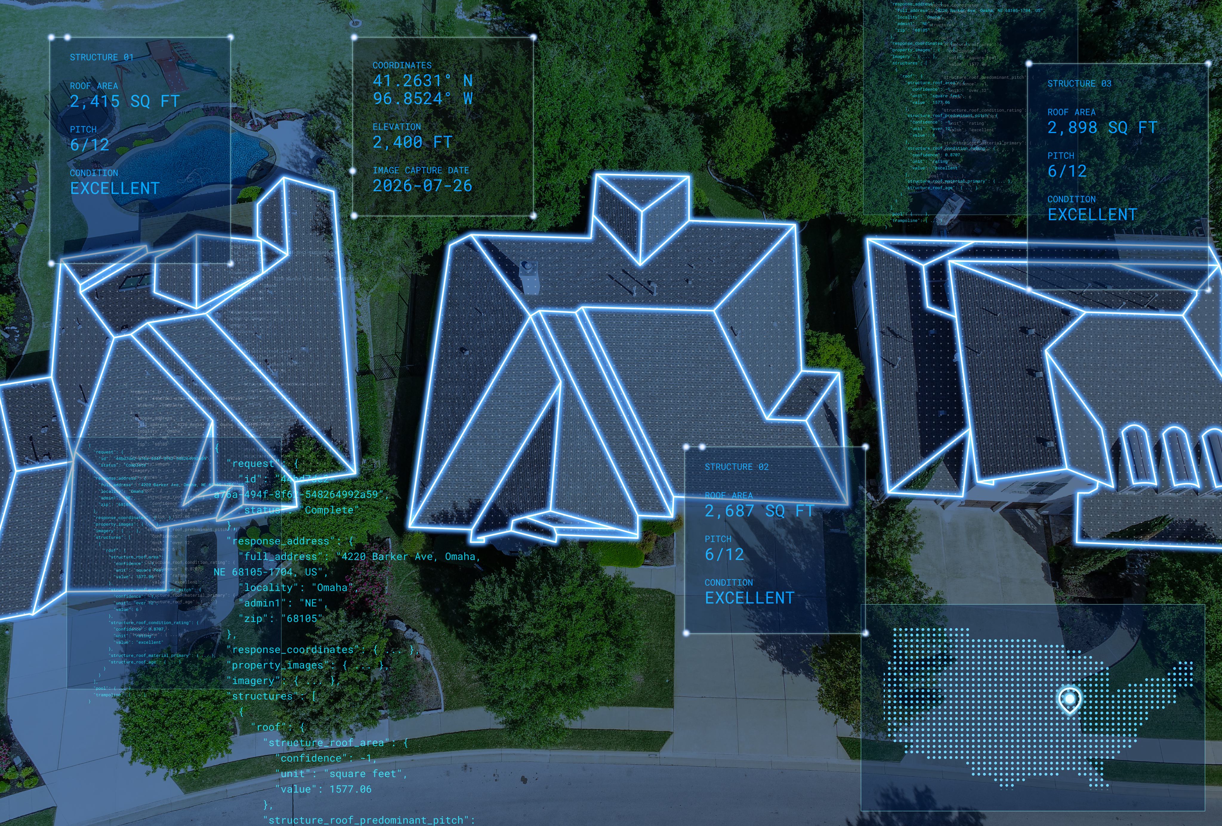 Overhead of residential roof measurements with overlay of developer code.