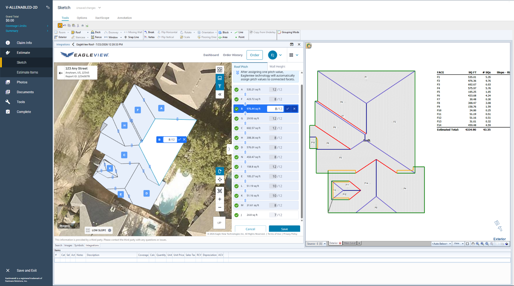 Xactimate screen with Eagleview 2d>3D measurements displayed onscreen.