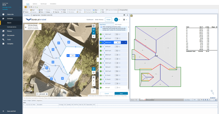 Xactimate screen with Eagleview 2d>3D measurements displayed onscreen.