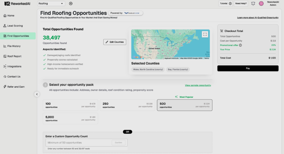 Alt text: Roofing contractor lead generation platform leveraging Eagleview property data. 