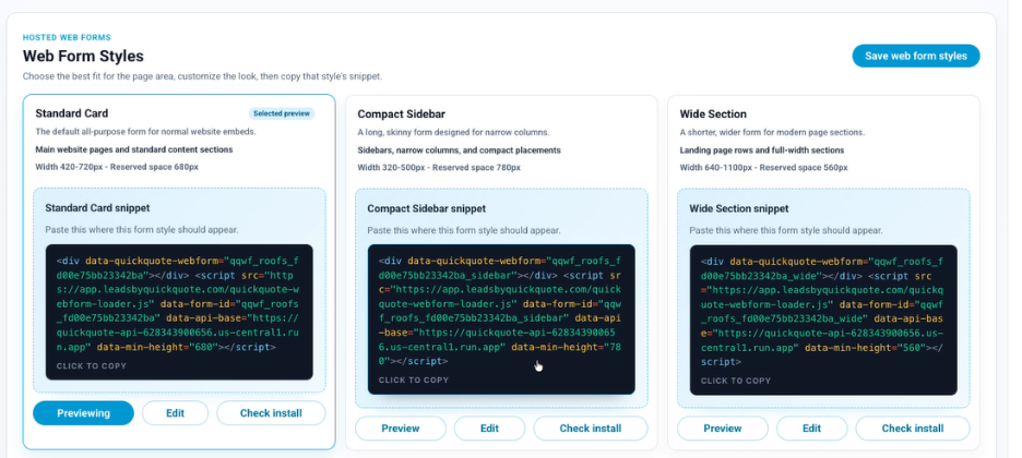 Various screens of code for web form styles