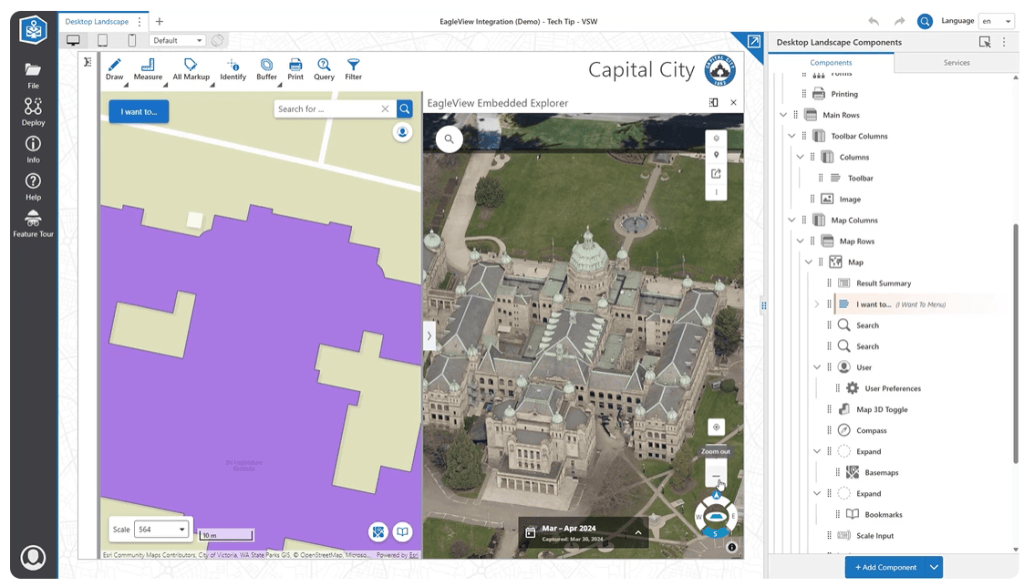VertiGIS Studio Web designer showing an Eagleview Embedded Explorer alongside a parcel map and application component settings.