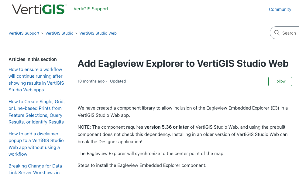 Screenshot of VertiGIS support center.